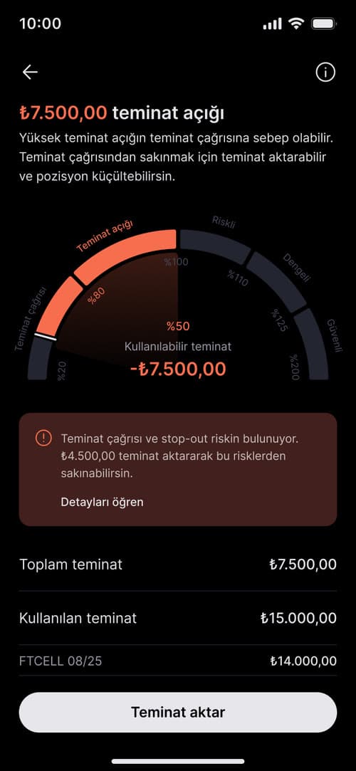 Teminat açığı (collateral deficit) warning with transfer guidance